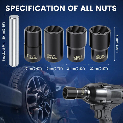 5 Piece Lug Nut Extractor Set With Half Inch Drive For Stripped Nuts And Bolts Includes 17Mm 19Mm 21Mm 22Mm Sockets And Center Punch Bar