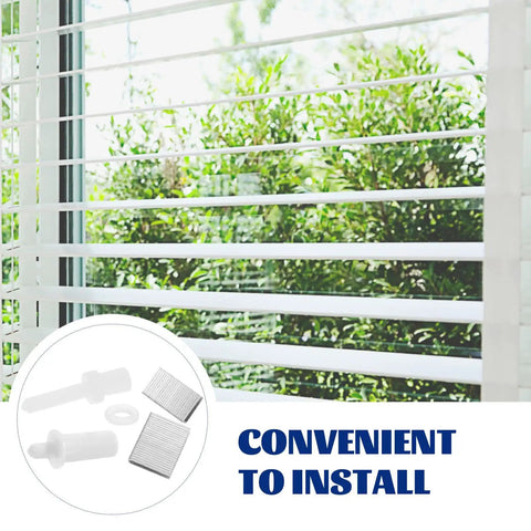 Durable As Heck Universal Shutter Pin Repair Kit For Fast Swap Window Louver Hardware showing white clips and installed blinds.