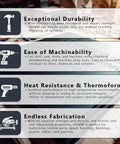 Benefits of a Virgin UHMW Polyethylene Sheet With Starboard Texture for marine, woodworking and heavy-duty use displayed in text boxes.