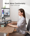Dual Monitor Desk Stand With Height Adjustable Riser Laptop And Monitor Stand For Two Screens 14.5 By 9.1 Platform Under Desk Storage Black Two Pack Ergonomic Setup displayed with monitors and laptop.