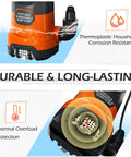 1HP Submersible Sump Pump With Float For Clean And Dirty Water 4500 GPH, orange thermoplastic housing, side view with features