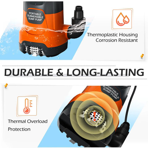 1HP Submersible Sump Pump, durable design, thermoplastic housing, corrosion resistant, thermal overload protection, 4500 GPH water transfer.
