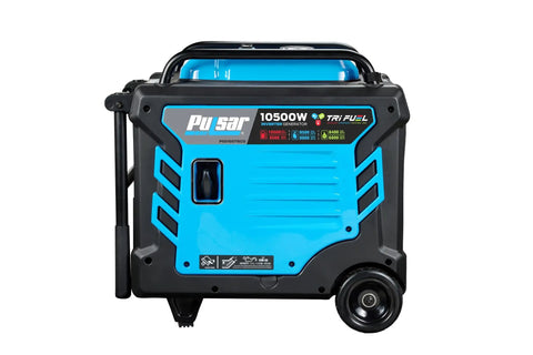 Side view of Tri Fuel Inverter Generator Delivers Big Power On The Go With 10,500 Watt Peak Gas, 9,500 Watt Propane, Or 8,400 Watt Natural Gas