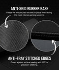 Close-up of anti-skid rubber base and anti-fray stitched edges of MM350 PRO Extended XL Spill Proof Cloth Gaming Mouse Pad With Massive 930mm By 400mm Surface For Ultra Smooth Micro Weave Glide And Easy Cleanup Liquid Repellent Coating Ideal For Large Desks And Multi Monitor Setups Black.