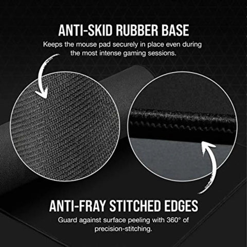 Close-up of anti-skid rubber base and anti-fray stitched edges of MM350 PRO Extended XL Spill Proof Cloth Gaming Mouse Pad With Massive 930mm By 400mm Surface For Ultra Smooth Micro Weave Glide And Easy Cleanup Liquid Repellent Coating Ideal For Large Desks And Multi Monitor Setups Black.