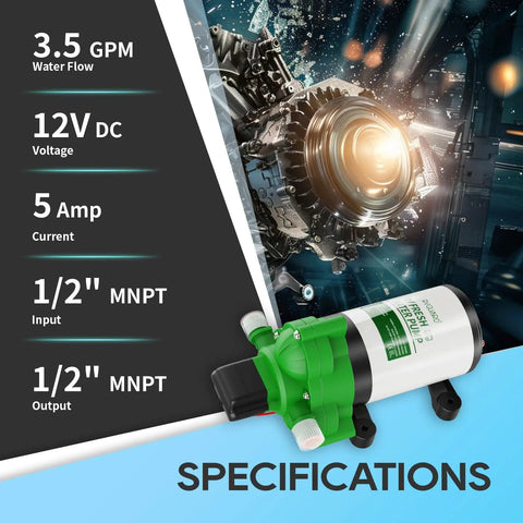 12V DC Self Priming Water Pump With 3.5 GPM Flow And 45 PSI Pressure Green Plastic Diaphragm Pump With Strainer Filter Adapters