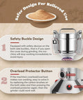 Grain Mill Grinder Electric 300g Commercial Spice Grinder 1500W Stainless Steel Pulverizer Dry Grinding Machine with safety features