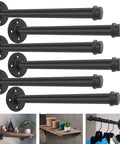 Six Pack Heavy Duty Industrial Pipe Shelf Brackets Designed For Quick Install Floating Wall Supports With Ridiculously Solid Wrought Iron Build To Kick Your Rustic Diy Decor Game Way Up Today, showing six black pipe brackets.