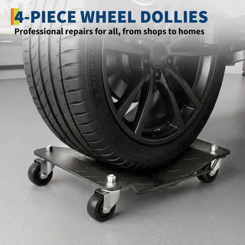 Heavy Duty Wheel Dolly Set of 4 for Garages and Shops Black 7000 Lb Capacity Each Reinforced Steel Base Smooth Glide for Easy Vehicle Moving Durable Stable Car Dollies for DIY Mechanics and Pro Garages with wheel on caster base
