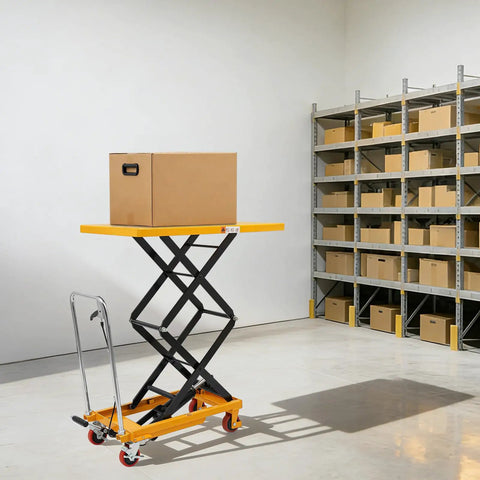 Rock Solid Double Scissor Hydraulic Lift Table Cart 770 Lbs Capacity 51 Inch Lift Height with box on top in warehouse.