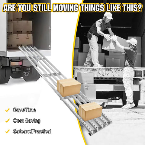 Heavy Duty Portable Conveyor Roller Table With Gravity Slick Tracks For Zero Sweat Hauling Crate Loads At Warehouse Docks And Factories, 3m long, in use for loading boxes.
