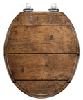 Round Overhead view brown wooden table Toilet Seat with rustic wood texture and chrome hinges.