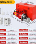 Beast 1250W Electric Hydraulic Rebar Cutter RC 20 shown with dimensions, red box, tools, and cutting blades for 4mm to 20mm rebar.