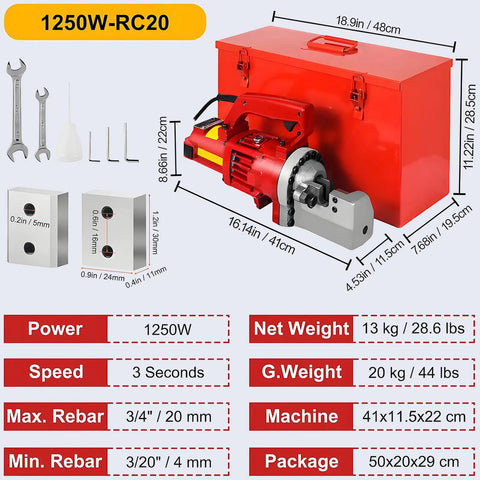 Beast 1250W Electric Hydraulic Rebar Cutter RC 20 shown with dimensions, red box, tools, and cutting blades for 4mm to 20mm rebar.