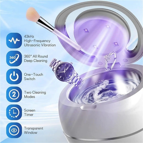 Sleek Ultrasonic Cleaner Kicks Deep Grime From Retainers Mouth Guards And Braces With Dual Modes For Jewelry Watches And Toys In A Pocket Friendly Pod Built For Everyday Hustle, showing a watch and ring inside a cleaning pod.