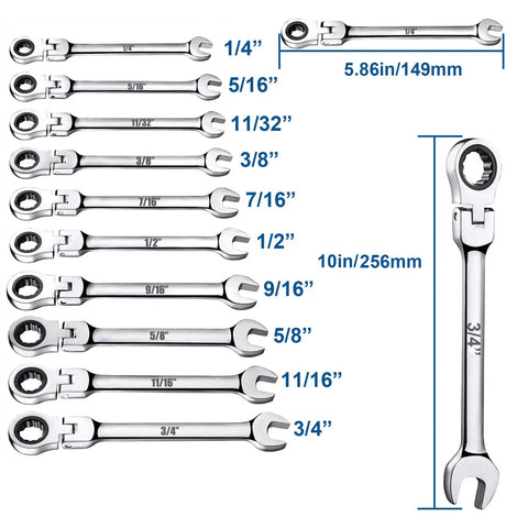 SAE Flex Head Ratcheting Wrench Set One Quarter Inch To Three Quarter Inch Go-To Heavy-Duty 72-Tooth Narrow Space Wrenches In Chrome Vanadium Steel With Organizer Bag shown with size chart