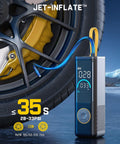 X9 Apex Portable Tire Inflator Cordless Pump in use with car tire, displaying digital PSI and 35-second inflation time.