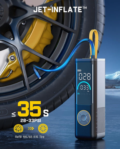 X9 Apex Portable Tire Inflator Cordless Pump in use with car tire, displaying digital PSI and 35-second inflation time.