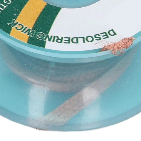 Desoldering Solder Wick Braid Copper Alloy 3mm By 1.5m spool close-up, showing copper filament and packaging label.
