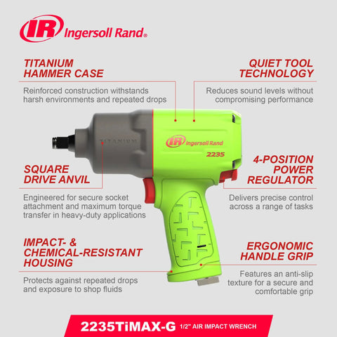 One Half Inch Drive Air Impact Wrench Featuring Twin Hammer Titanium Case And 1350 Foot Pounds Of Nut Crushing Torque A Featherweight Four Point Six Pound Workhorse Engineered For Shop Pros Who Want Boss Level Twist Without The Fatigue Green with titanium hammer case and ergonomic grip.