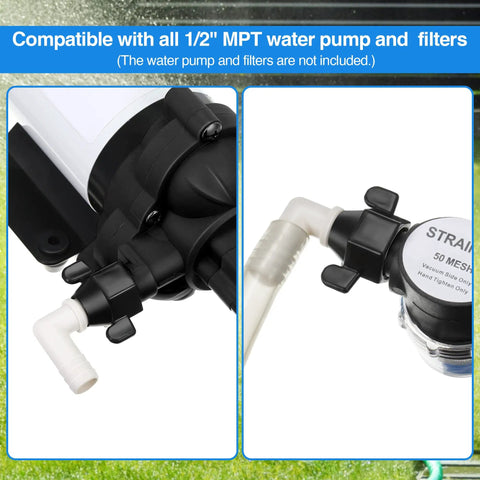 Rotating One Half Inch RV Water Pump Fittings Kit With 360 Degree Swivel Elbow And Straight Barb Adapter One Half Inch Female NPT PEX Compatible Comes With Thread Seal Tape For Leak Free Water Strainer Connection, 1/2 in elbow adapter