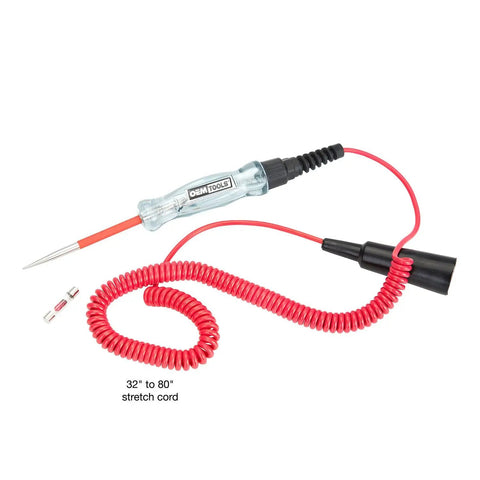 6-24 Volt Live Wire Circuit Tester with LED light, red coil cord, and stainless steel probe for automotive electrical work.