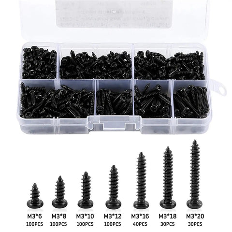 Assorted sizes of Two Pack 500 M3 Black Pan Head Cross Self Tap Wood Screws for easy hidden wood joints in clear case
