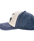 Unisex Adjustable Cotton Baseball Cap With Classic Black And White Piano Grid Pattern Breathable Comfort Fit Sun Hat side view with denim details.