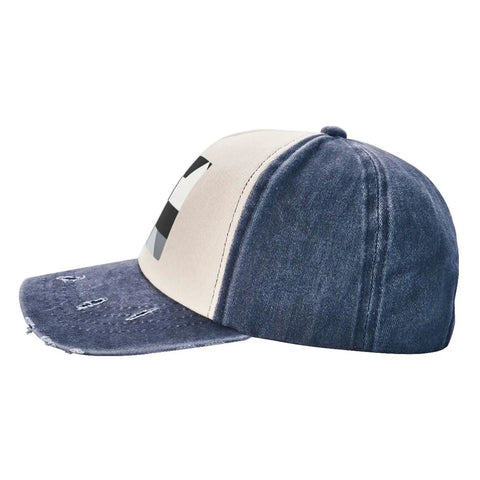 Unisex Adjustable Cotton Baseball Cap With Classic Black And White Piano Grid Pattern Breathable Comfort Fit Sun Hat side view with denim details.