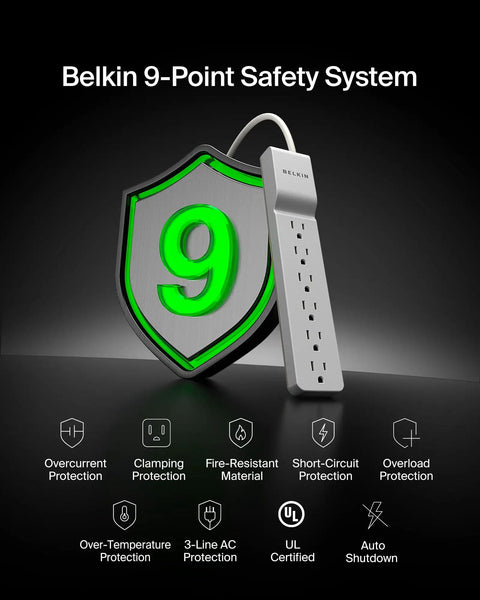 6 Outlet Surge Protector Power Strip Featuring A 360 Degree Rotating Plug And 6 Foot Cord displayed with 9-point safety shield.