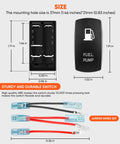 Dimensions of rocker switch and jumper wires for 12V Electric Fuel Pump Relay Kit Waterproof 60 Amp.