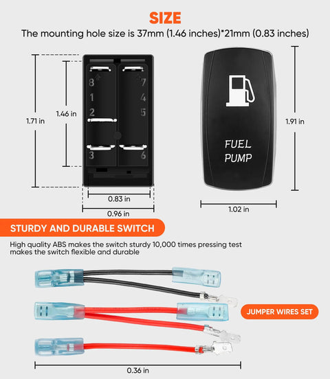 Dimensions of rocker switch and jumper wires for 12V Electric Fuel Pump Relay Kit Waterproof 60 Amp.