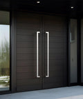 Push Pull Door Handle Set For 60 Inch Doors, Dual Sided Stainless Steel Hardware In Brushed Satin Nickel, Perfect For Home Office Glass Wood Barn And Storefront Doors, Sleek Modern Entry Solution on dark double doors