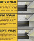 Garage door seal installation steps with frame illustrations and descriptions for each method.