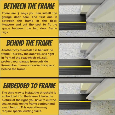 Garage door seal installation steps with frame illustrations and descriptions for each method.