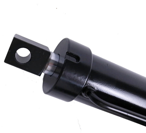 Close-up of DC 12V hydraulic linear actuator rod end with black metal clevis mount and pin hole
