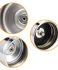 SDTC Tech 1.98 in stainless steel trailer wheel bearing protectors with dust covers; grey and chrome, pair, shown in multiple views.
