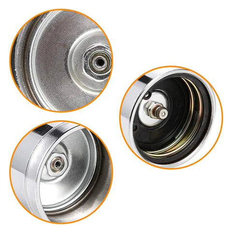 SDTC Tech 1.98 in stainless steel trailer wheel bearing protectors with dust covers; grey and chrome, pair, shown in multiple views.