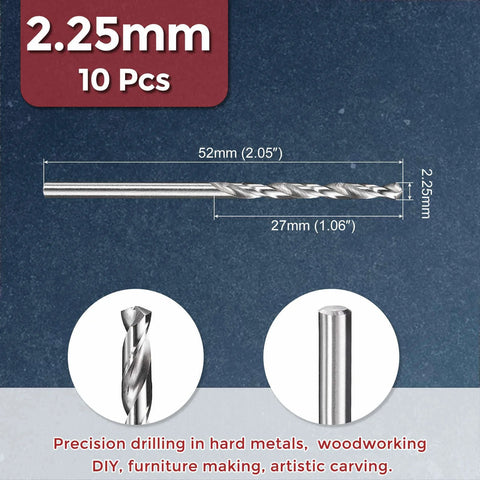 Kozelo 2.25mm drill bit set, 10pcs, M2 high-speed steel twist bits (side view)