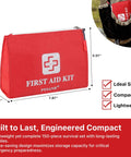 Compact 150 Piece First Aid Kit With Foil Blanket And Scissors, Mini Emergency Bag For Home Travel Camping Sports Office Car And School, Grab And Go Ready For Any Moment, with dimensions labeled