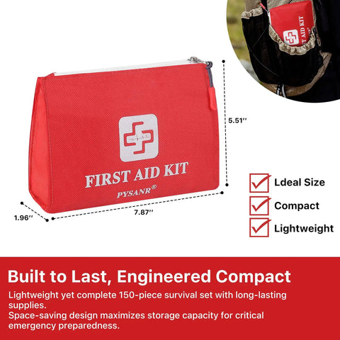 Compact 150 Piece First Aid Kit With Foil Blanket And Scissors, Mini Emergency Bag For Home Travel Camping Sports Office Car And School, Grab And Go Ready For Any Moment, with dimensions labeled