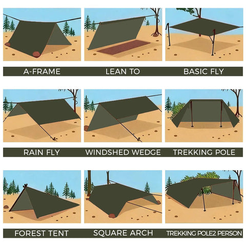 Diagrams showing various setups using the Ultralight 10X10Ft Waterproof Camping Tarp Shelter For Hammock And Tent Campsites.