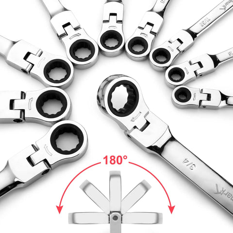 14-Piece Flex-Head Ratcheting Wrench Set with 72-Tooth Cr-V Steel Wrenches, shown with 180 degree swivel head feature.
