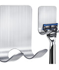 Stainless Steel Razor Holder Set, 2 Pack Self Adhesive Shower Hooks, Waterproof Shaver Hanger For Bathroom And Kitchen with razor.