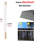 No Sweat Adjustable Round Deck Balusters 37.4 Inch hollow aluminum stair baluster with gold base and multiple units.