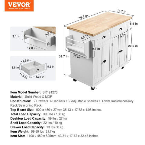 Dimensions and features of Solid Rubber Wood Top Kitchen Island Cart With Storage Cabinet And Drawer, 35.4 Inch Wide Rolling Kitchen Island.