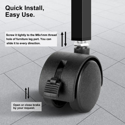 Roll Like A Dream 4 Pack Of 1.5 Inch M6 Threaded Stem Swivel Caster Wheels with locking brake for easy install.