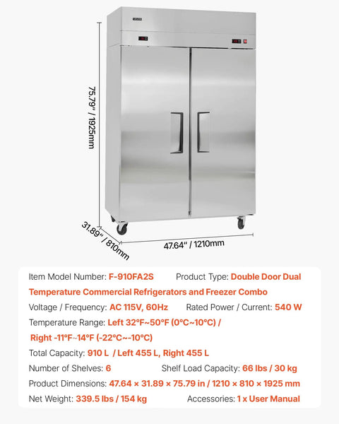 Top Shelf Commercial Refrigerator And Freezer Combo 48 Inch Wide 32 Cubic Feet Stainless Steel Upright Cooler with double doors.