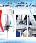 Heavy Duty 18000W Vertical Wind Turbine Kit For Home And Biz With 12V Controller, Colorful Windmill, close-up details
