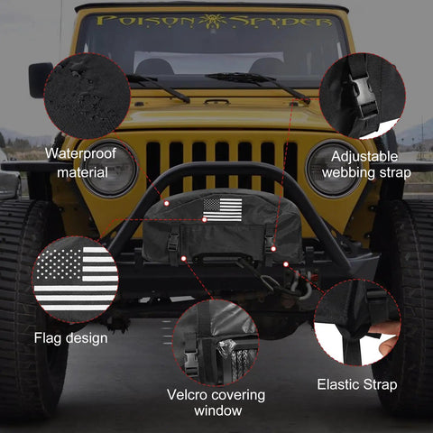 Heavy Duty Winch Cover With American Flag Design Waterproof Dustproof Protection For Universal Fit On 8K To 13500 Lb Electric Pulling Machines Gear Outdoor Truck Jeep Accessories with adjustable straps and waterproof material.